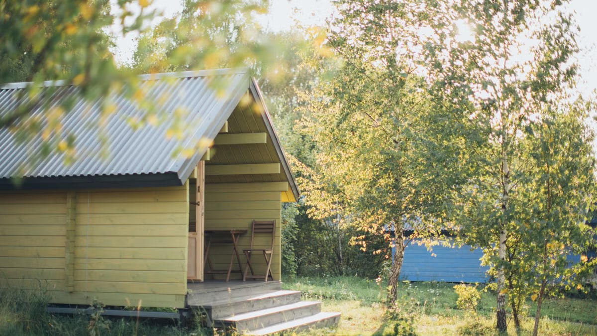 A serene wooden cabin surrounded by trees in a sunlit forest setting.